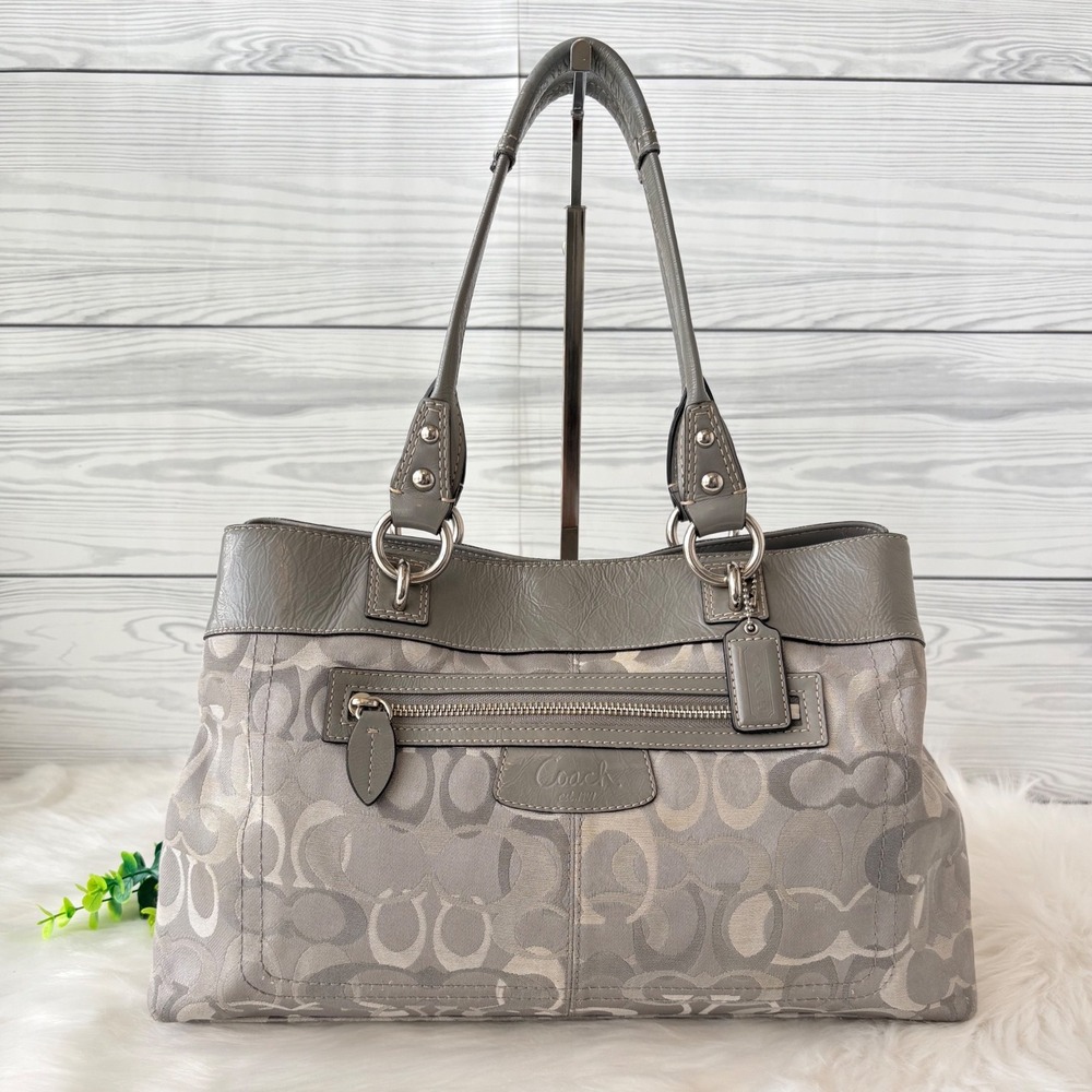 Coach Signature Penelope Grey Silver Jacquard Leather Trim Tote Bag F15120